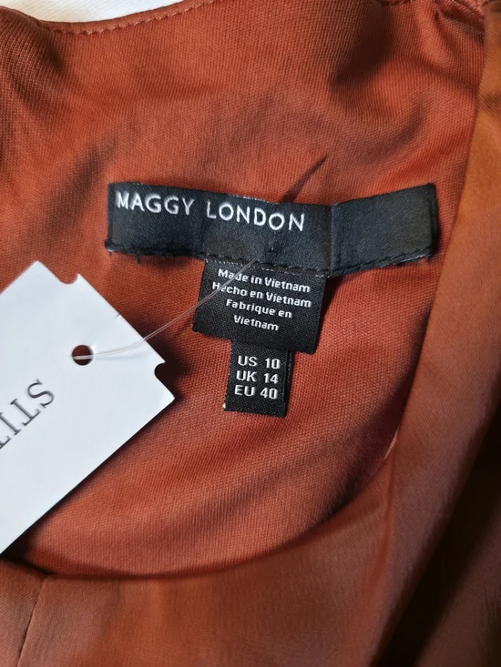 Maggy London Rust Satin Wrap Dress Size 10 Elegant Tie Waist Midi Long Sleeve - Picture 8 of 10